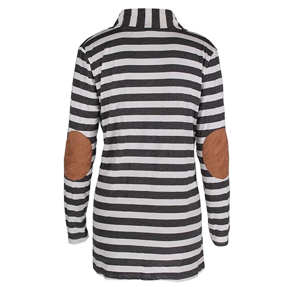 Gray & White Striped Cardigan with Elbow Patches - Picture 7 of 15